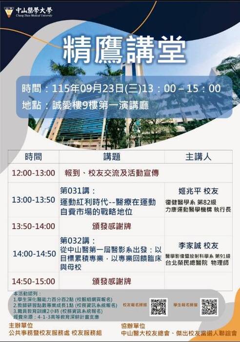 【精鷹講堂】115/09/23(三)14:00-14:50 誠愛九樓第一演講廳圖片